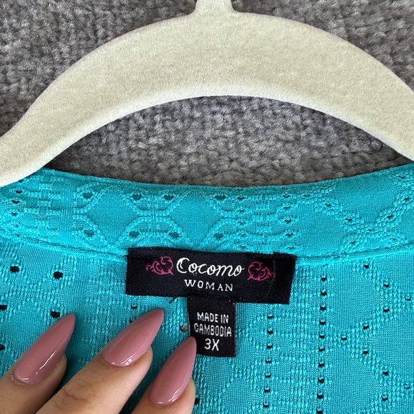 Cocomo 3/4 Long Sleeve Blouse Shirt Top Blue Green Womens 3X Textured Pattern - Picture 6 of 9